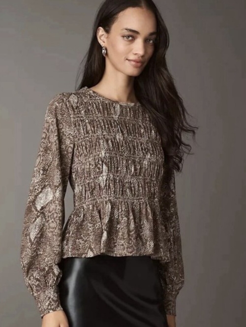 Pilcro Brown Smocked Long Sleeve Blouse